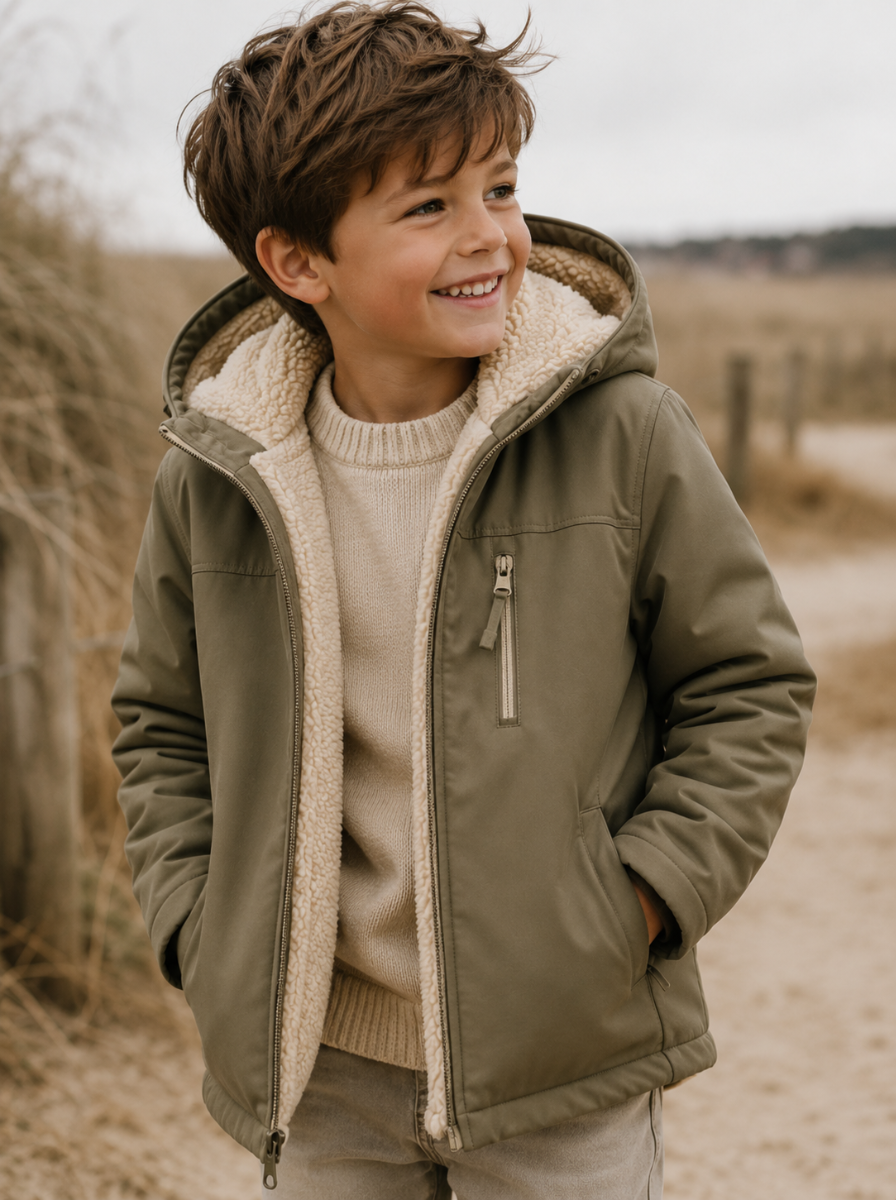 Jacket, coat or blazer made from a structured fabric