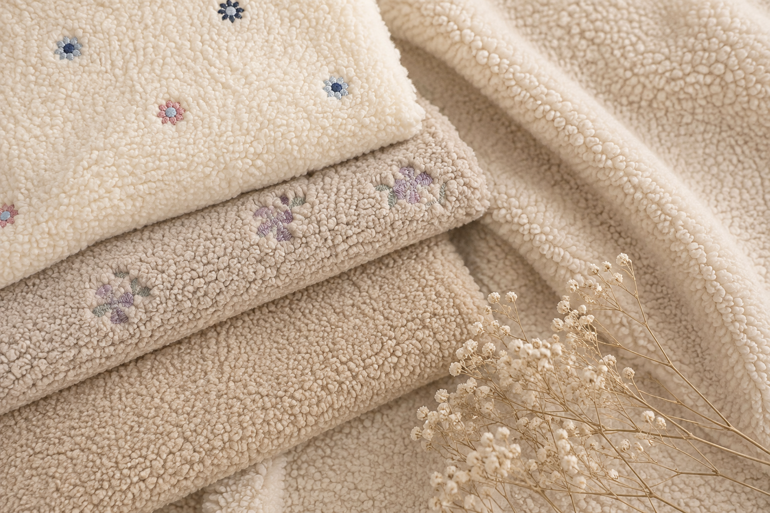 Soft teddy fabric with a fluffy, curly texture